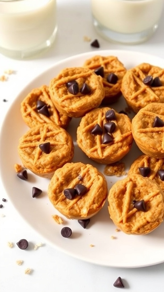 No-bake peanut butter oat cups on a plate, topped with chocolate chips, with a glass of milk in the background.